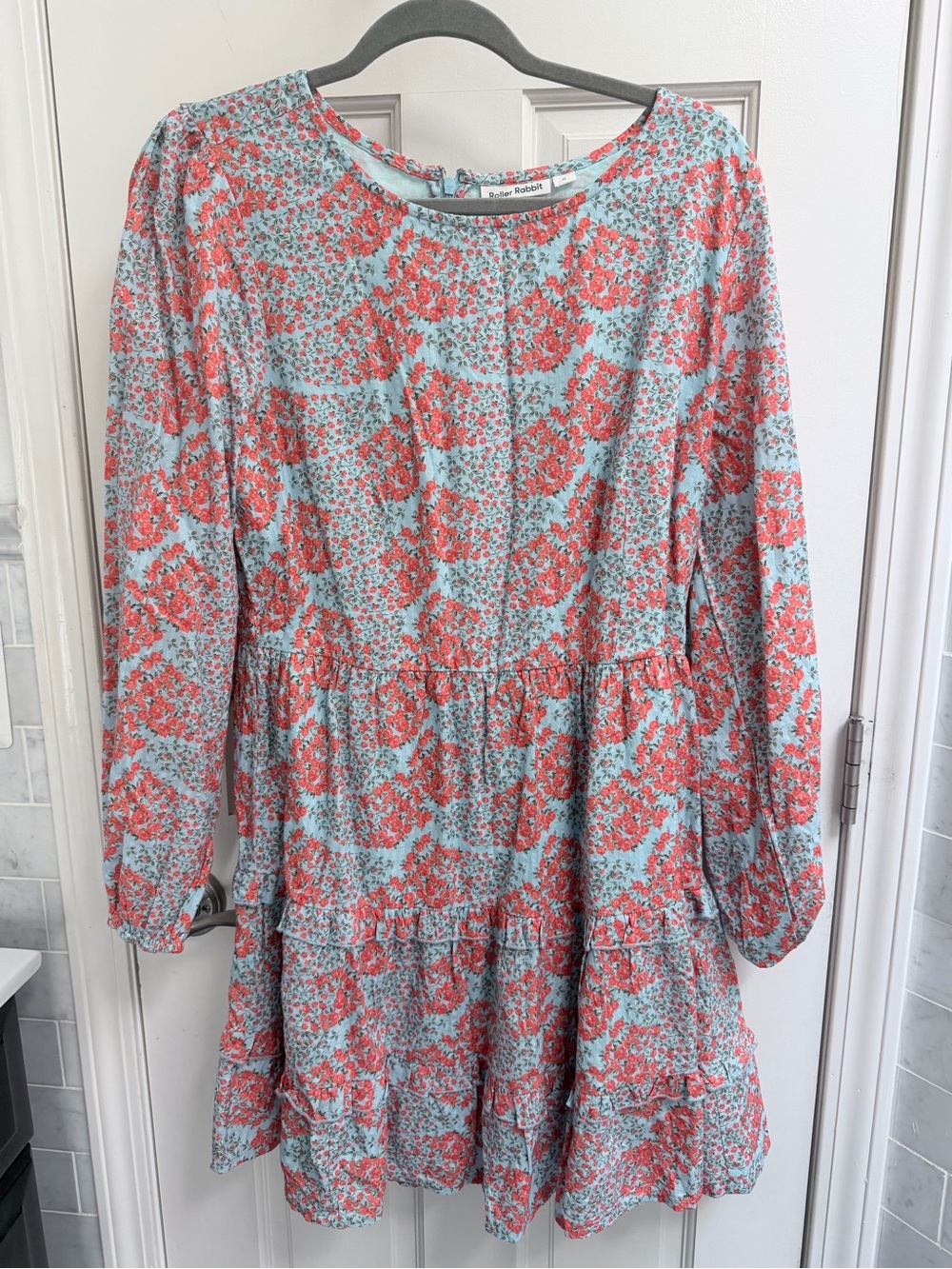 Roller Rabbit Light Blue & Coral Floral Tiered Long Sleeve Dress Size M